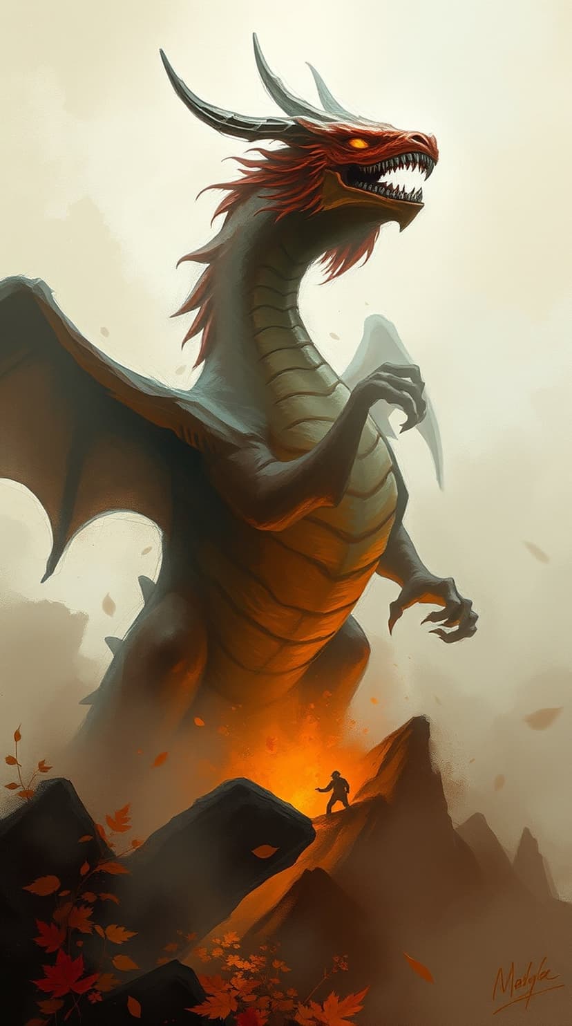 Red-maned dragon with glowing yellow eyes glares down at a tiny human silhouette perched on a rugged rock face.