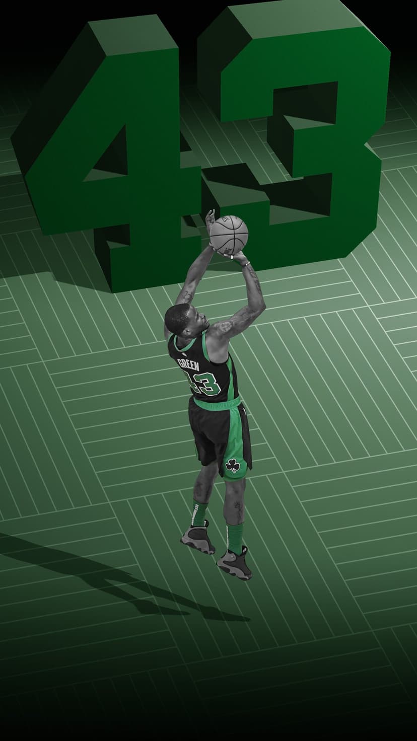 Basketball player in mid-air jump shot against a large green number forty-three over a dark textured floor.