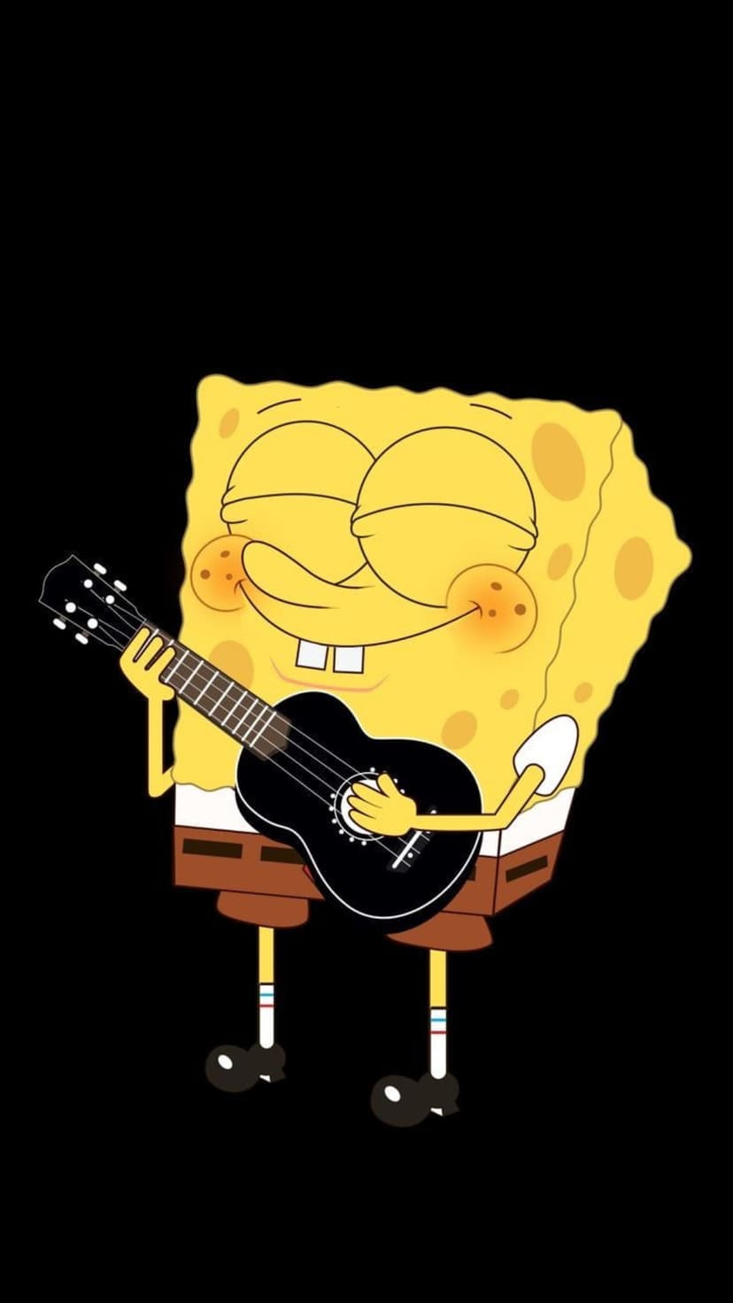 Spongebob Squarepants happily strums a black acoustic guitar with closed eyes against a solid black background.