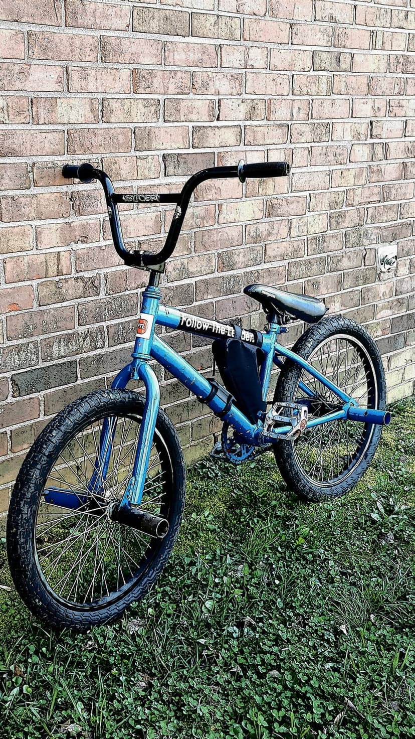Blue BMX bike with black handlebars leans against a red brick wall on a patch of green clover and grass.