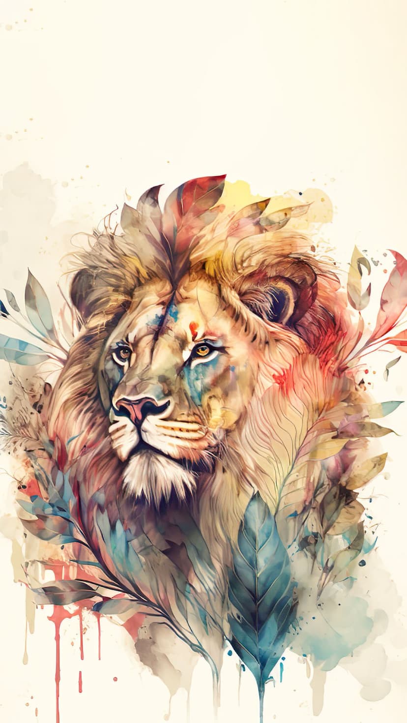 Lion head with watercolor textures, colorful feathers, and botanical leaves woven into its flowing golden mane.