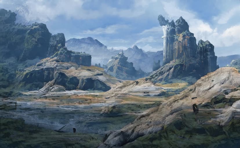 Stone castle ruins sit atop a jagged mountain cliff under a cloudy blue sky with mist in the valleys below.