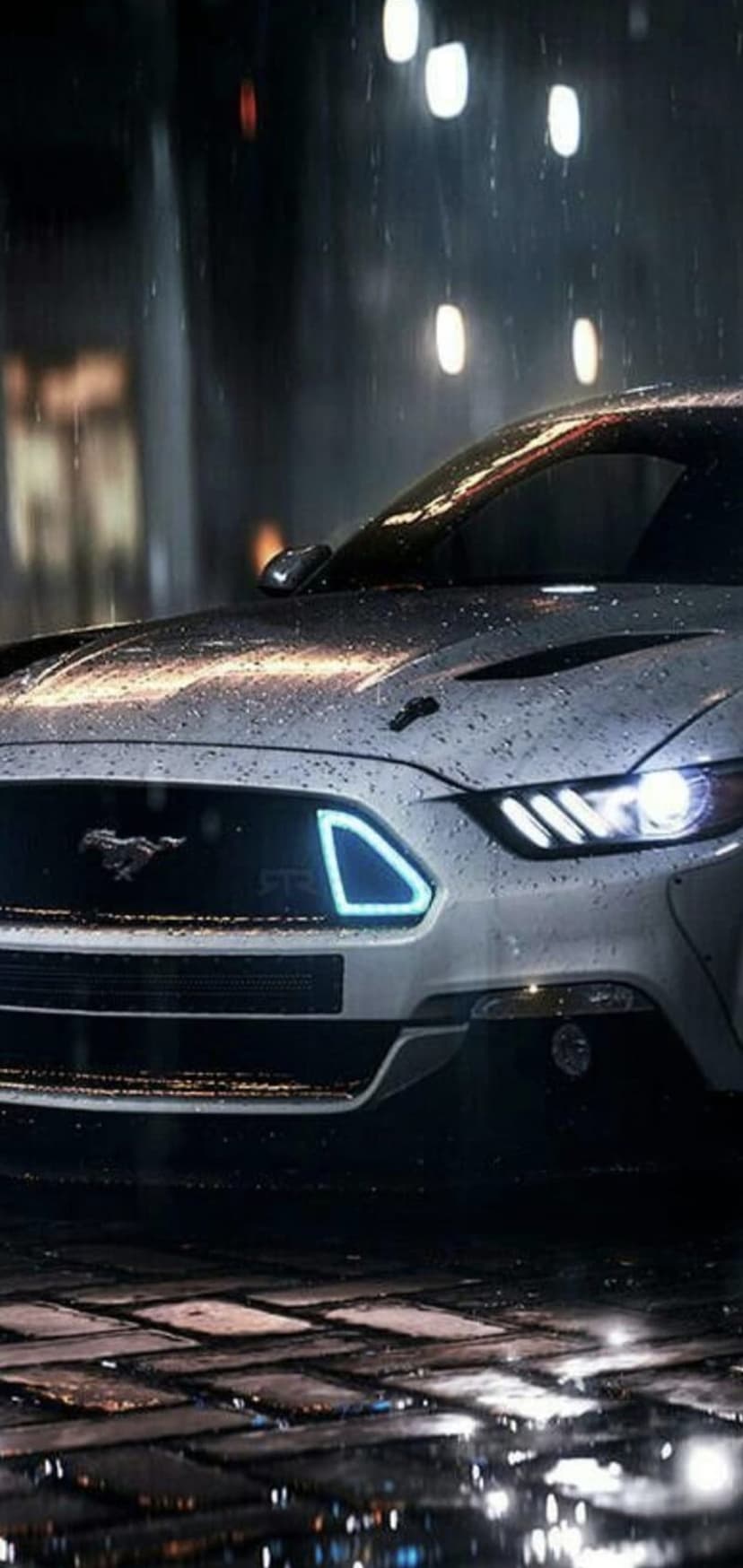 Ford Mustang front grille on wet cobblestones at night with rain streaks and glowing headlight reflections.