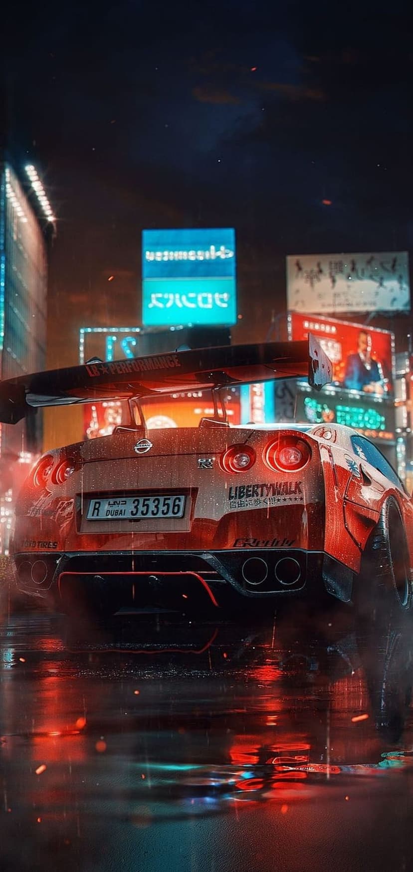 Nissan GT-R with a wide body kit racing on a wet Dubai street illuminated by purple and blue neon signs.