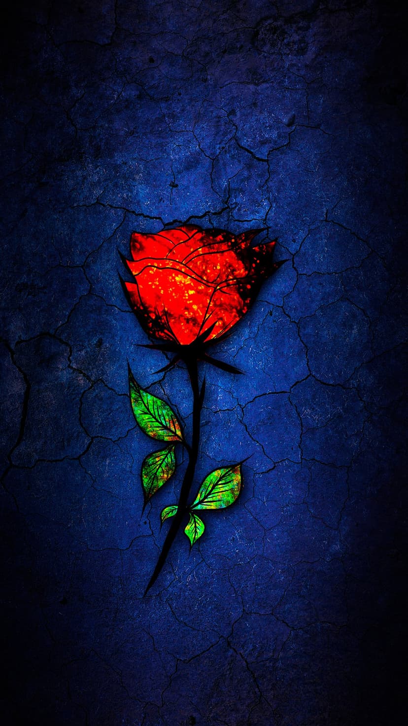 Red rose with glowing orange edges sits on a dark blue cracked background alongside vibrant green leaves.