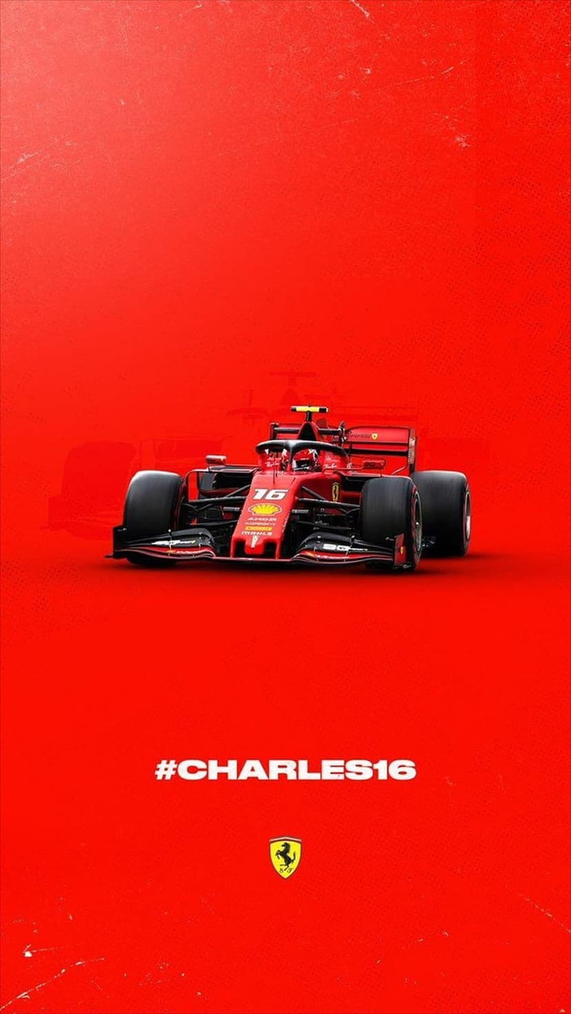 Charles Leclerc Ferrari F1 car with the number 16 on a vibrant red background with the prancing horse logo.