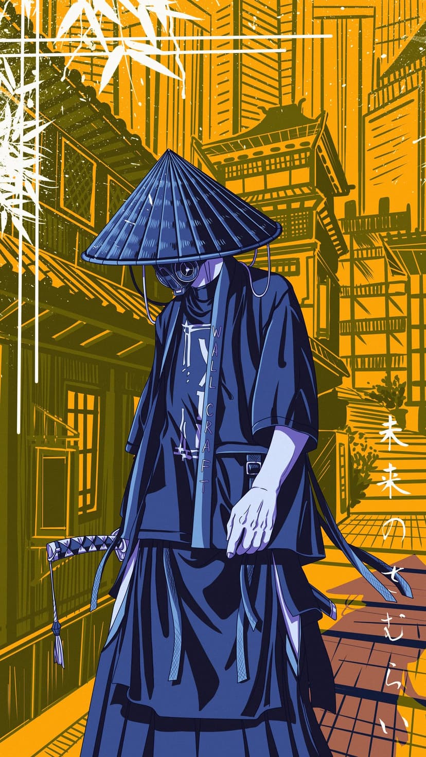 Samurai wearing a gas mask and conical hat stands in a neon Tokyo street with bamboo and futuristic architecture.