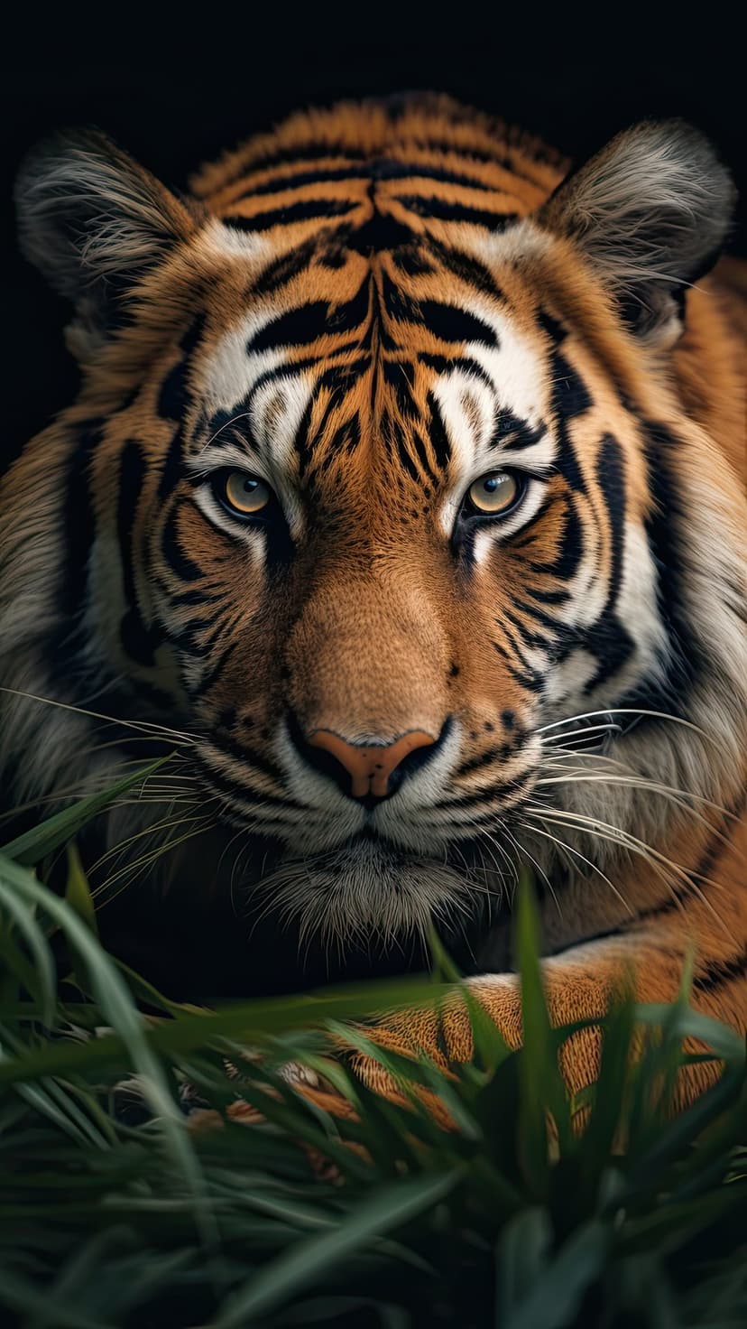Tiger with emerald eyes and black facial stripes peers through dark green jungle leaves in a vertical portrait.