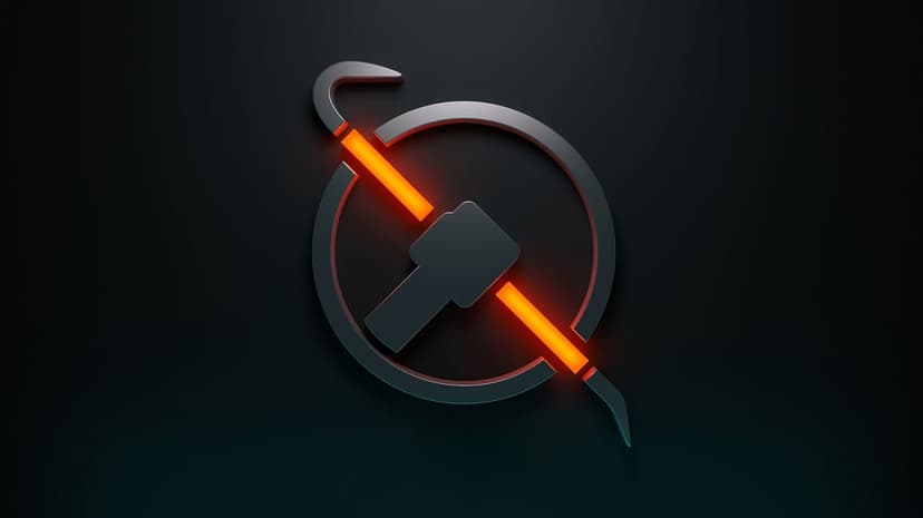 Metallic crowbar logo with a glowing orange diagonal bar and central lambda silhouette on a dark background.