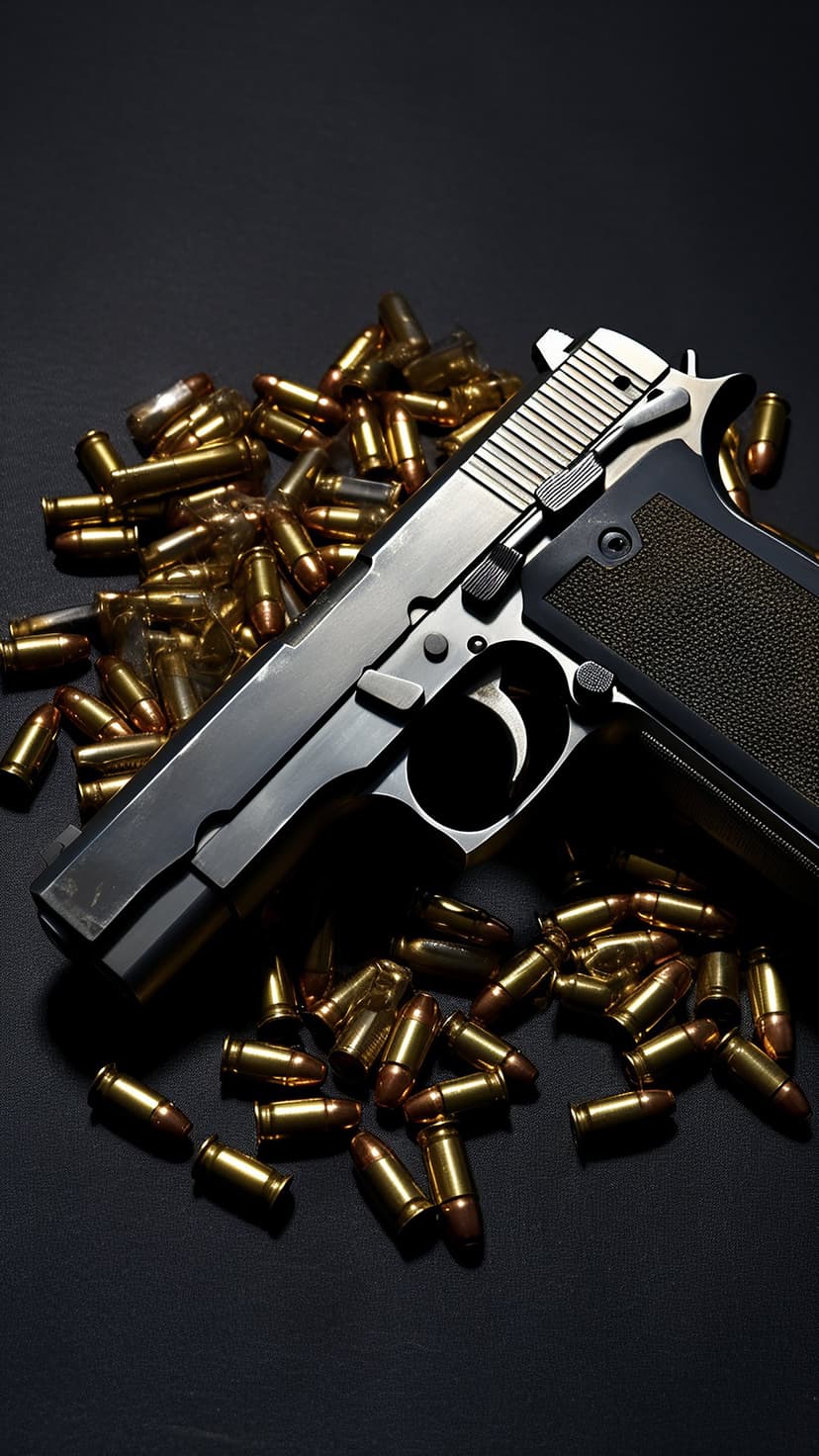 Silver semi-automatic pistol resting on a pile of brass ammunition over a dark, reflective surface.