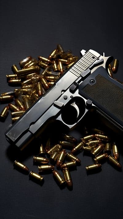 Silver Handgun and Ammunition on Dark Background