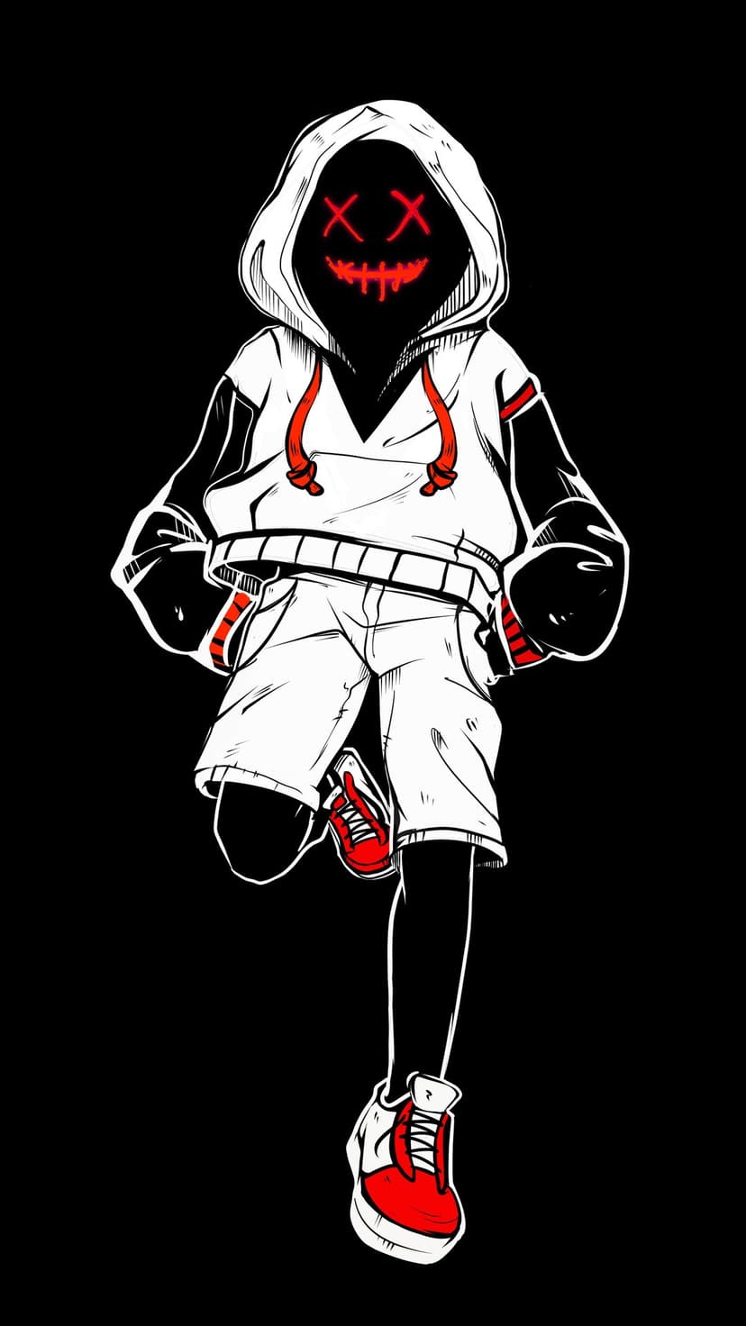 Masked figure with red X eyes and a stitched smile wearing a white hoodie and red sneakers on a black background.