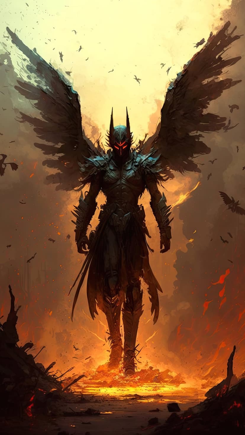 Armored knight with massive black wings and glowing red eyes standing on a path of glowing orange lava.