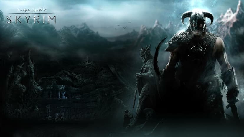 The Dragonborn in horned armor stands before misty mountains and a stone dragon carving on Alduin's Wall.