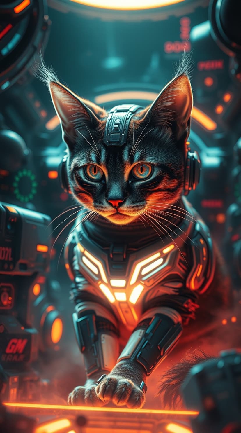 Tabby cat in mechanical cyberpunk armor with glowing neon lights and orange eyes against a futuristic city.
