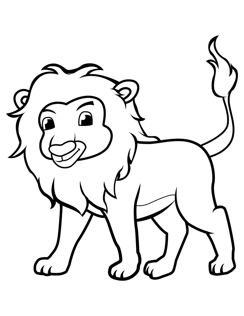 Lion coloring page illustration featuring black line art on a white background with a large flowing mane.
