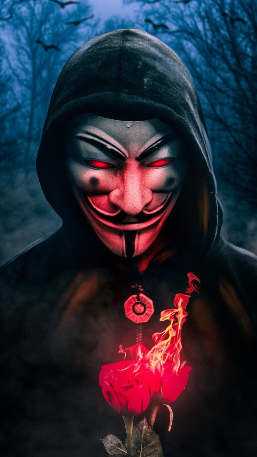 Masked person in a black hoodie holding a flaming red rose while standing in a dark, foggy forest with bats.