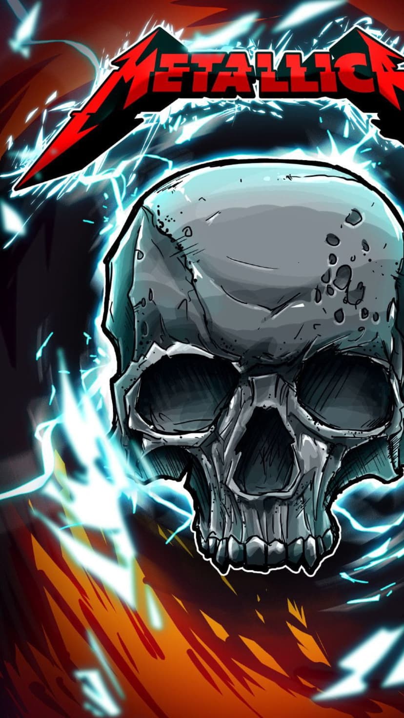 Menacing skull with glowing eye sockets sits between blue lightning bolts and orange flames under a red band logo.