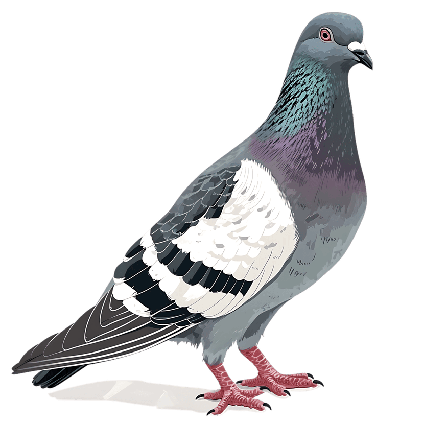 Rock dove pigeon standing showing iridescent neck feathers, red eyes, and detailed grey wings against black.