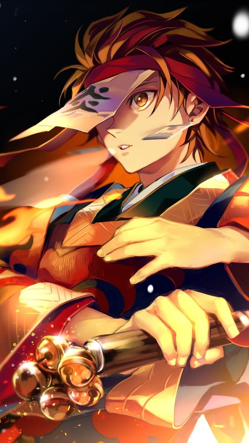 Tanjiro Kamado wearing a fox mask and slayer uniform, surrounded by swirling orange fire and golden embers.