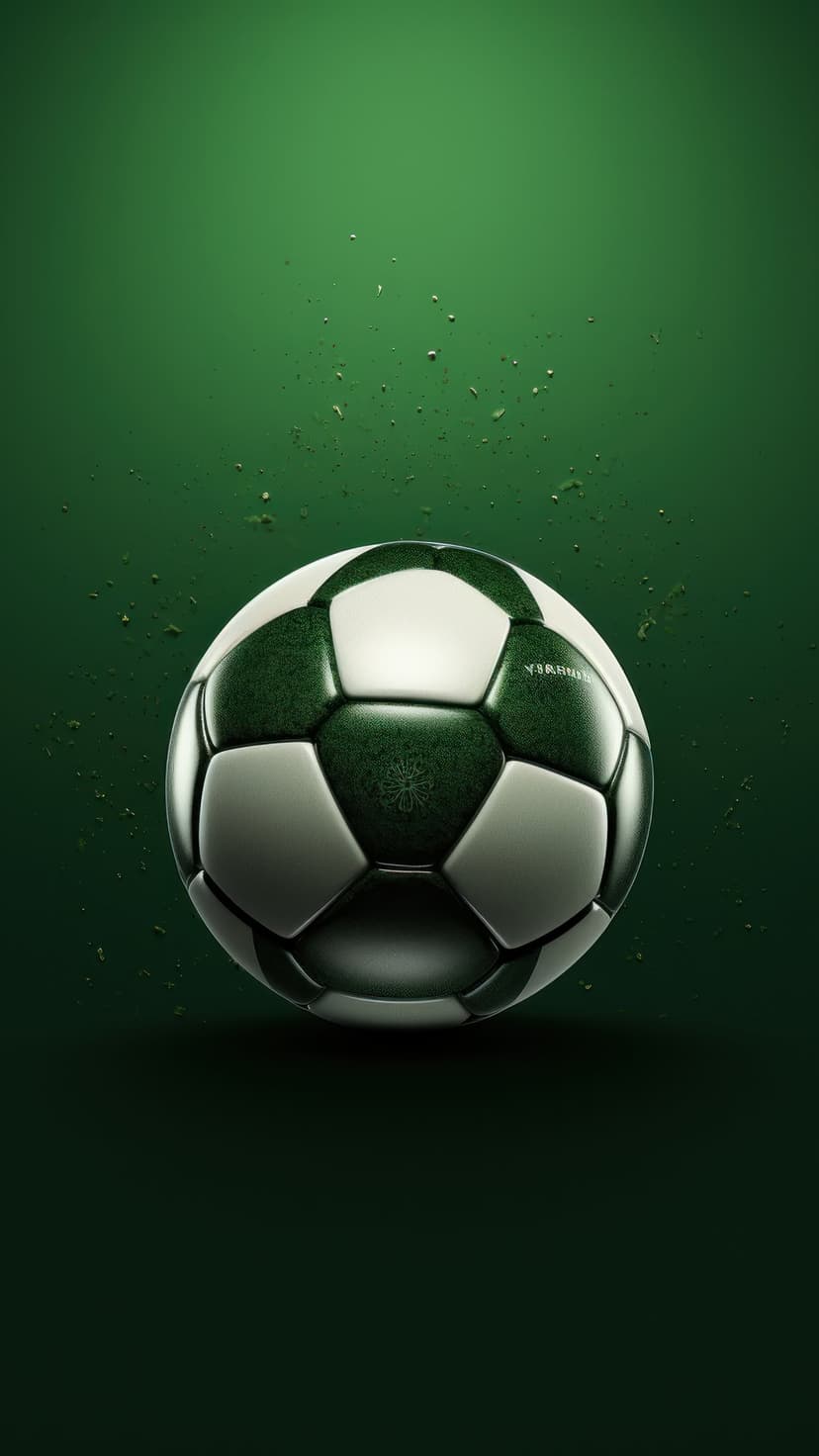 Soccer ball with green and white hexagonal panels floats in a dark emerald space with glowing dust particles.