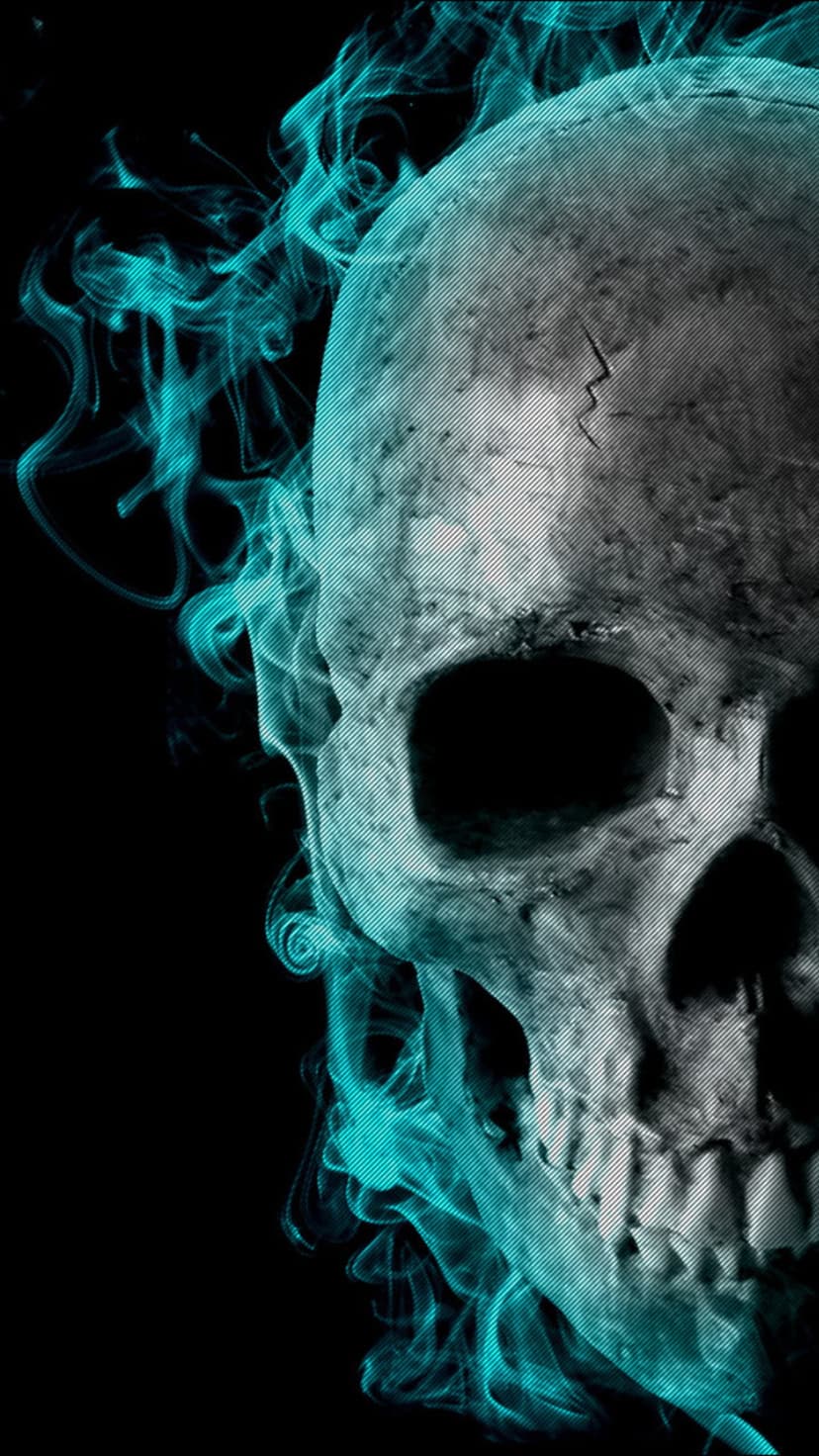 Weathered human skull with visible cracks and deep eye sockets surrounded by swirling luminous blue smoke clouds.