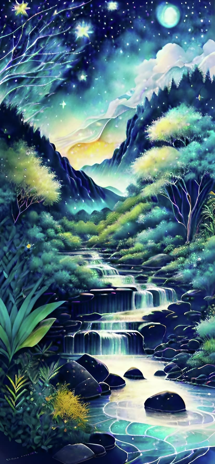 Cascading waterfall flows between rocky cliffs under a glowing moon and starry sky with a soft orange sunrise.