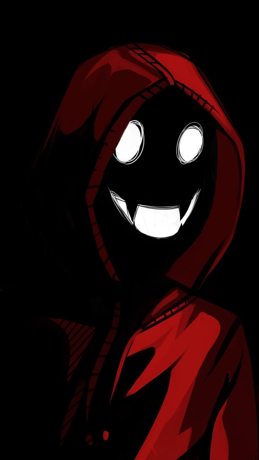 Red hooded entity with glowing white eyes and sharp fangs exposed in a menacing smile against black shadows.