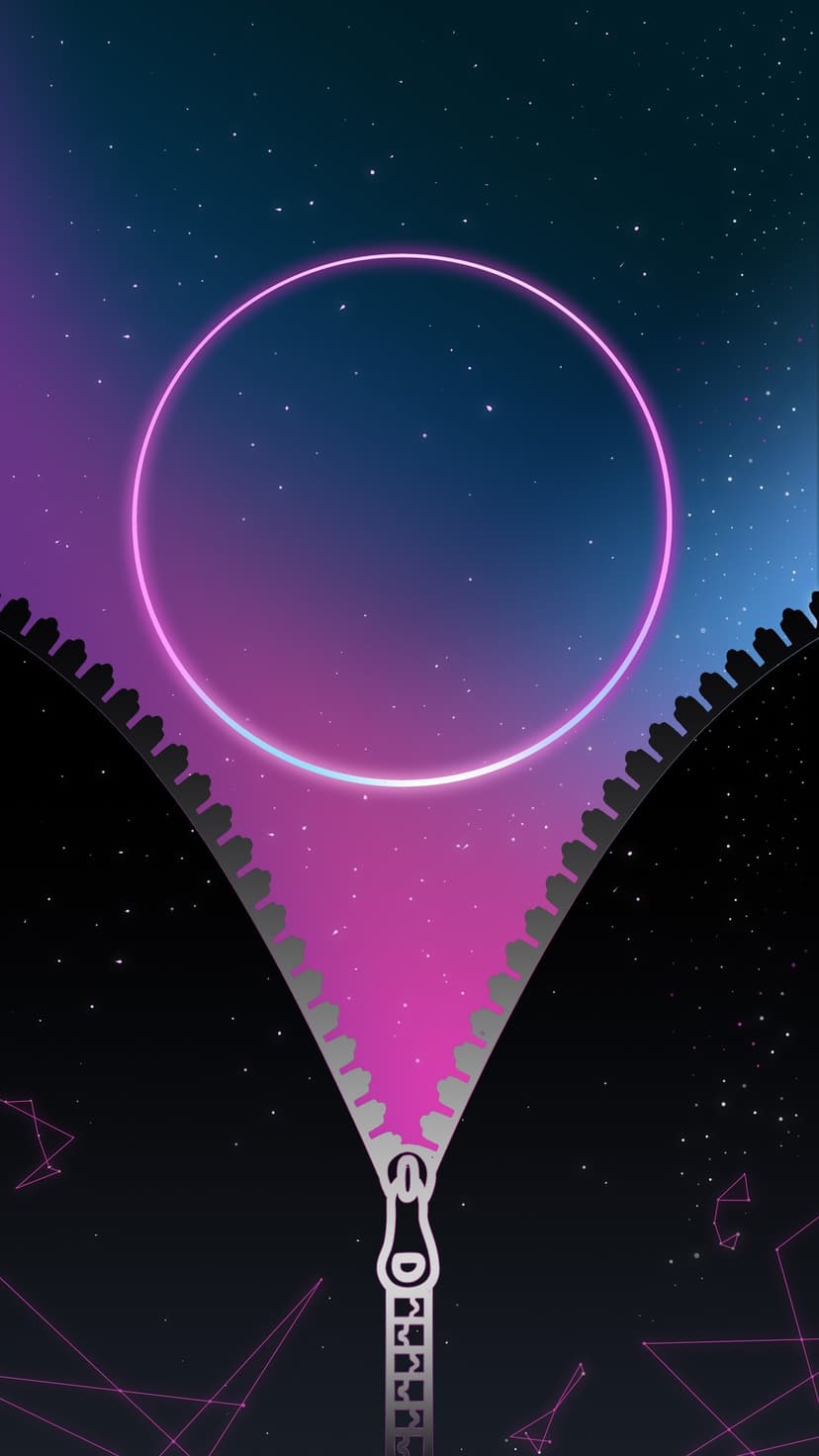 Metallic zipper pulls down to reveal a pink nebula and geometric lines behind a glowing neon circle in space.