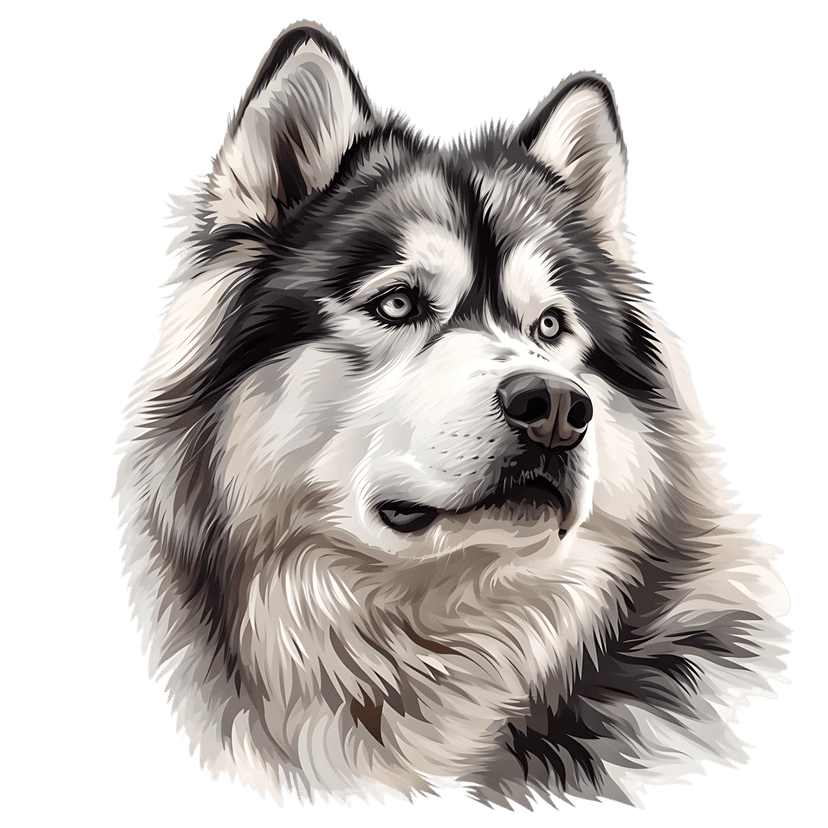 Alaskan Malamute digital portrait featuring bright blue eyes, thick white fur, and a focused frontal expression.