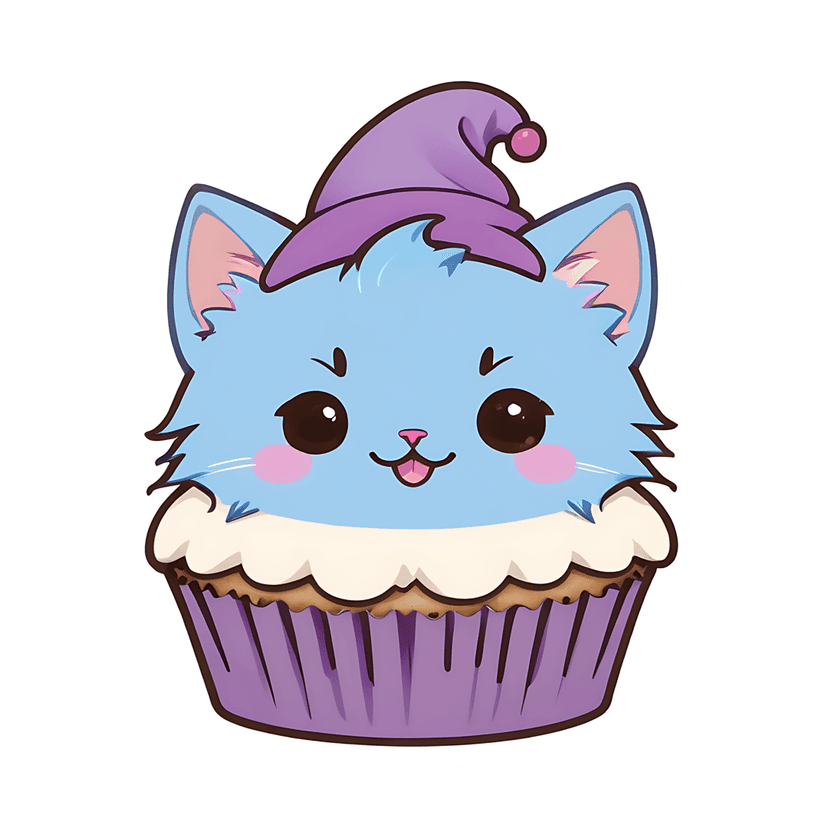 Blue kitten cupcake sticker illustration features a fluffy cat head with a purple cap and white frosting.