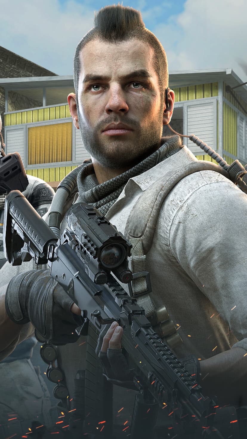 Tactical soldier with a mohawk and scars holding a modern assault rifle with an optic against a bright outdoor sky.