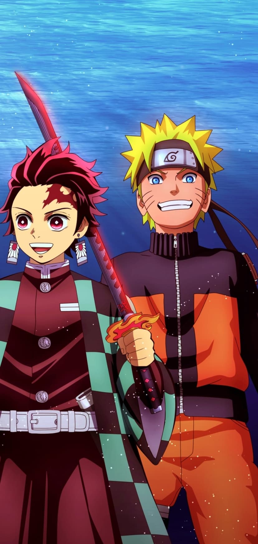 Tanjiro Kamado with a red sword and Naruto Uzumaki holding a kunai against a deep blue sea background.