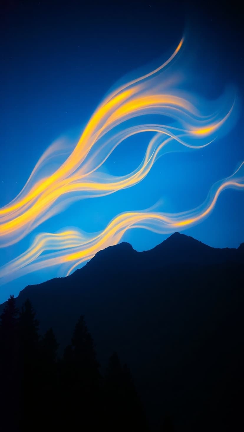 Yellow and orange aurora borealis ribbons glow in a dark blue sky above silhouetted mountains and pine trees.