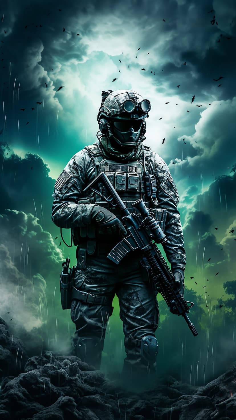 Soldier in tactical gear holding a rifle under a dark stormy sky with rain streaks and birds flying overhead.