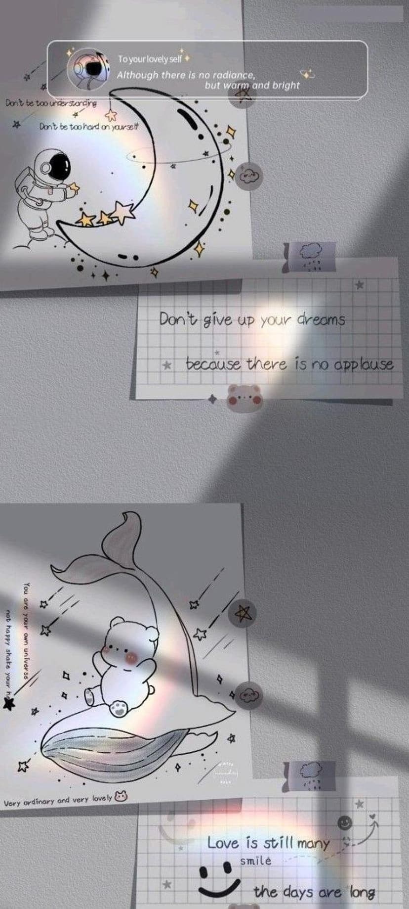 Little astronaut and a bear on a whale's tail inhabit a starry collage with a crescent moon on grid paper.
