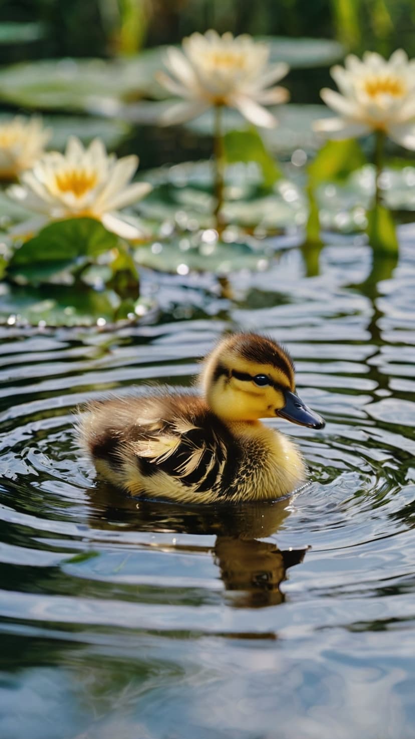 Fluffy yellow duckling swimming through white water lilies and green lily pads in a calm, rippling garden pond.