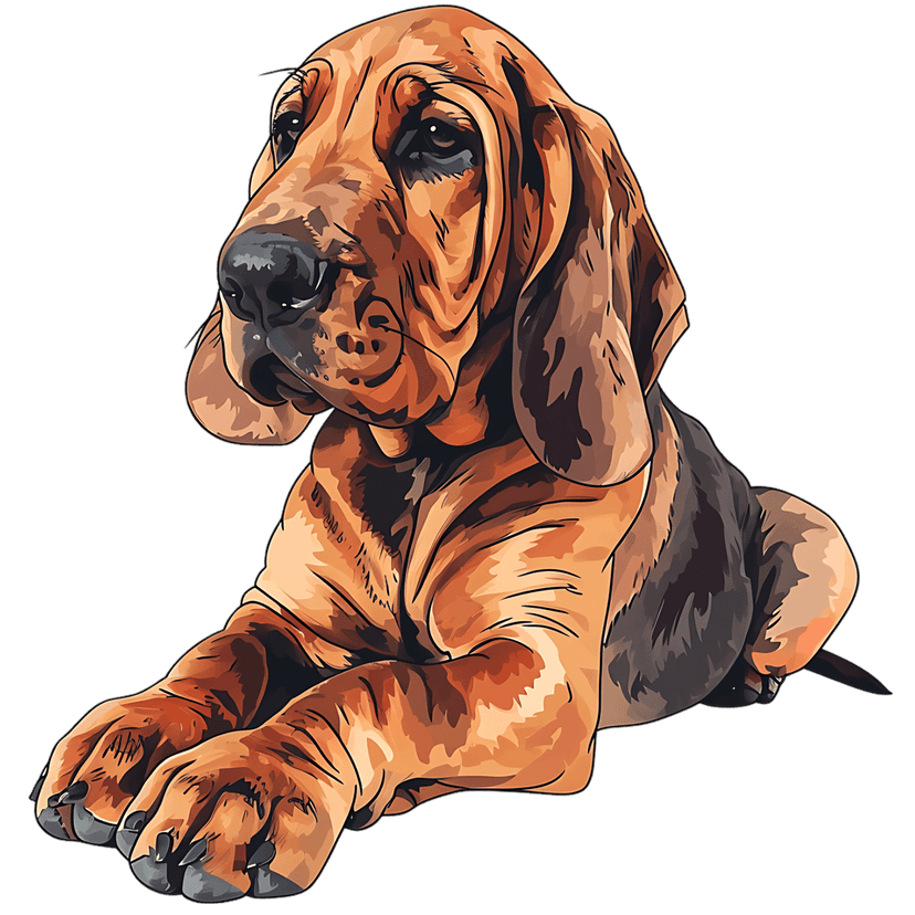 Realistic Bloodhound dog illustration showcasing wrinkled skin and long ears against a solid black background.
