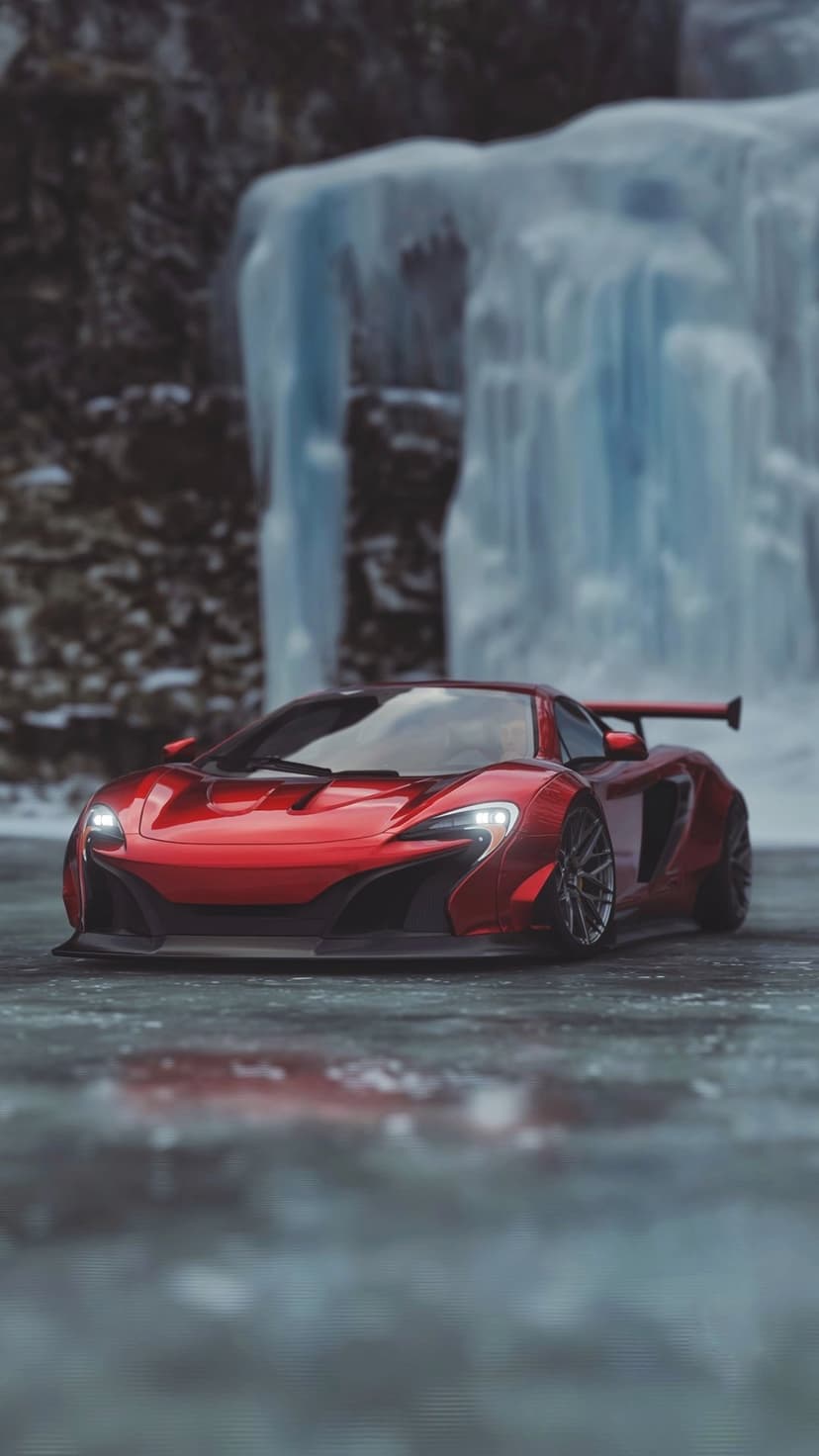 Red McLaren supercar with glowing headlights parked on a frozen lake beside a massive ice waterfall and rocks.
