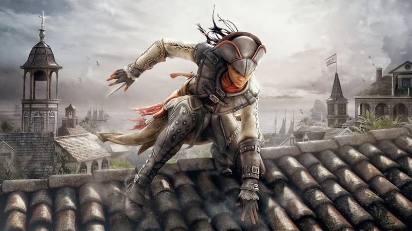 Female assassin in a tricorn hat crouches on a tiled roof overlooking a colonial harbor and church.