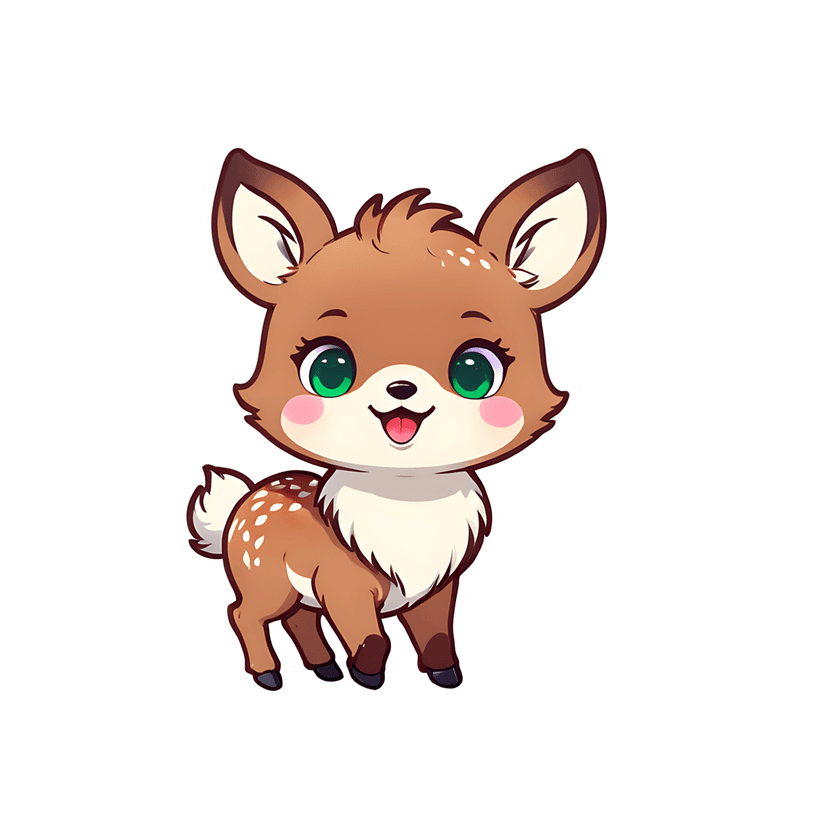 Brown fawn deer illustration featuring white spots, green eyes, and soft fur details with a die-cut border.