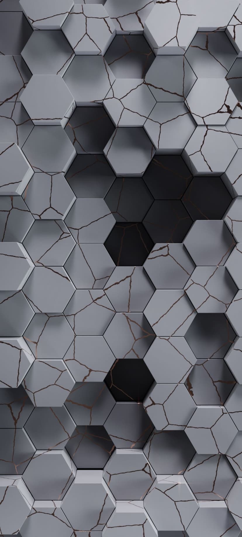 Grey 3D hexagons with intricate gold veins glowing through surface fractures in a vertical tiled pattern.