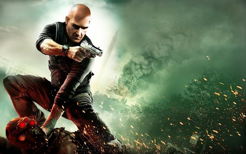 Bald man in tactical gear aims a pistol over a downed soldier against a smoky Washington D.C. cityscape.