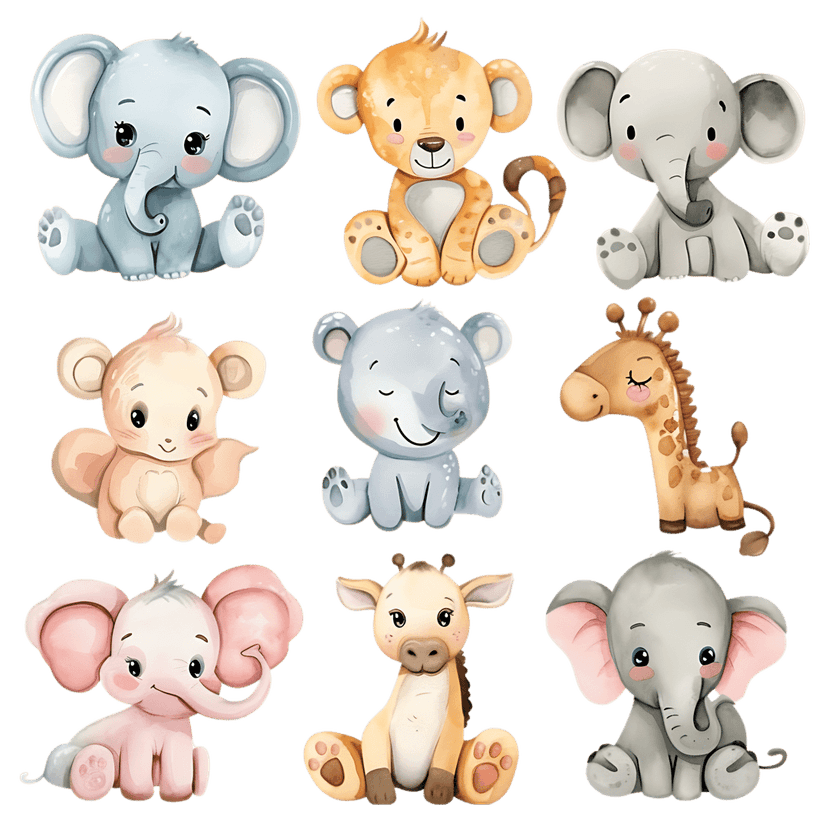 Safari animal watercolor set featuring a lion cub, elephant, giraffe, and bear with soft pastel paint textures.