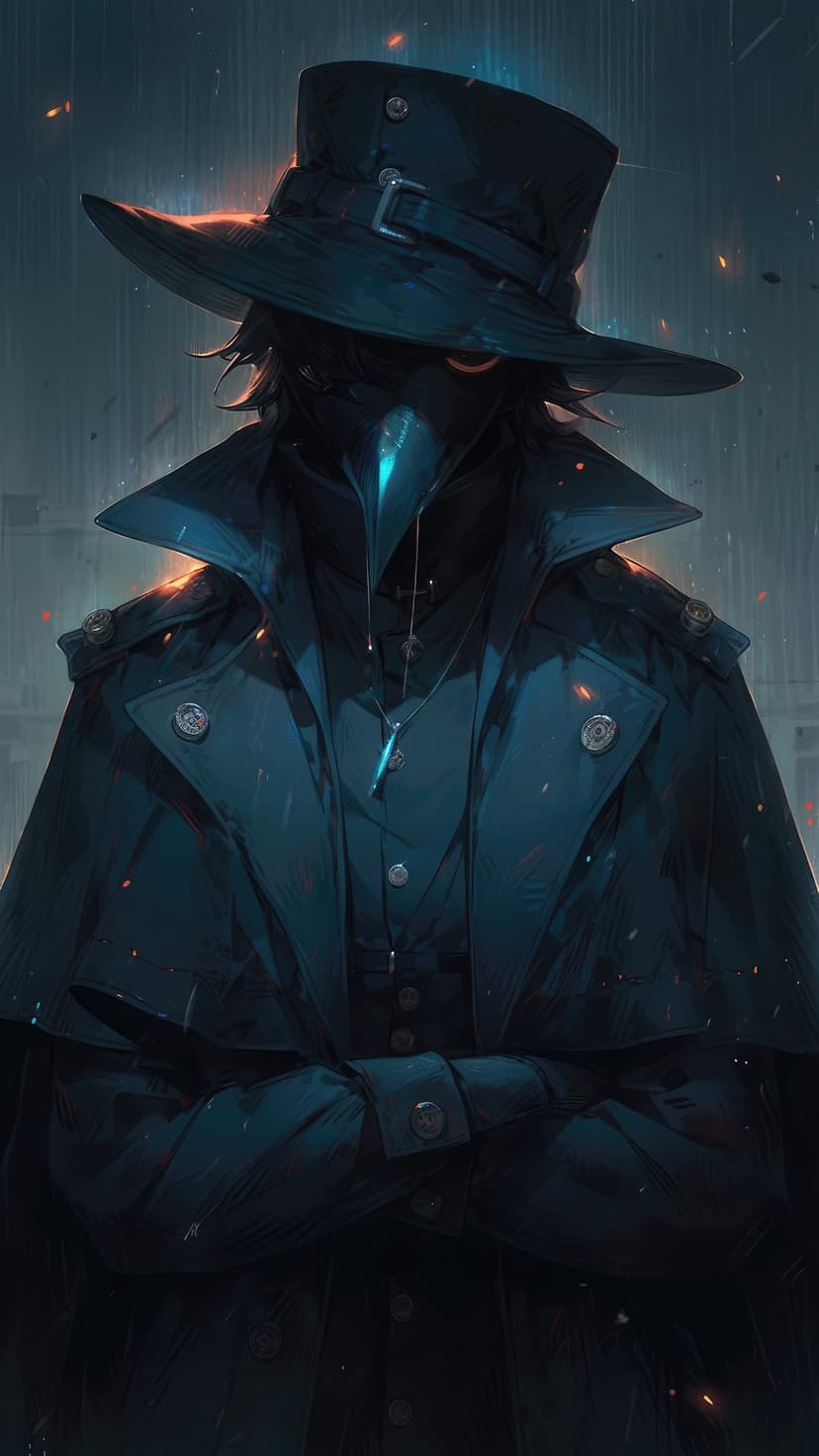 Plague doctor in a beak mask and wide-brimmed hat stands with crossed arms amidst orange sparks and dark mist.