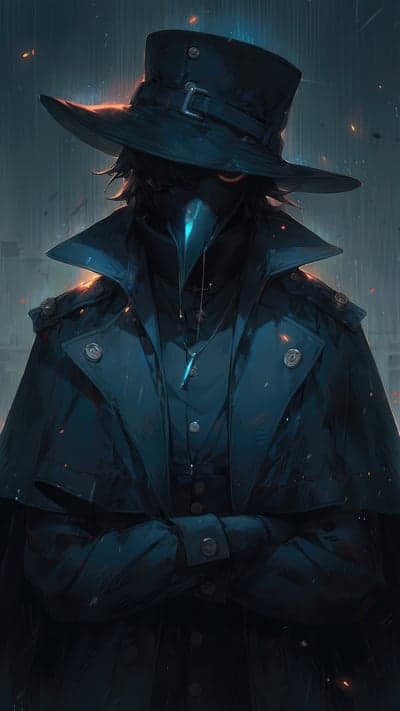 Mysterious Plague Doctor in Dark Trench Coat and Hat