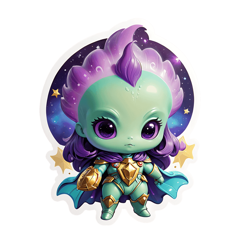 Green alien superhero sticker wearing gold armor and purple cape against a starry space nebula background.