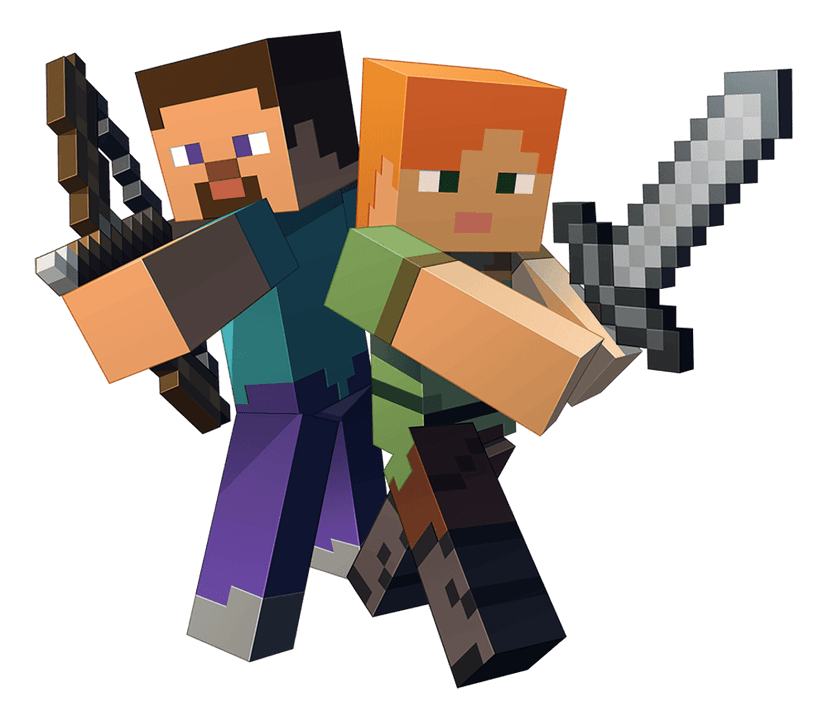 Minecraft character duo Steve and Alex standing side-by-side in a blocky 3D voxel style with matte textures.