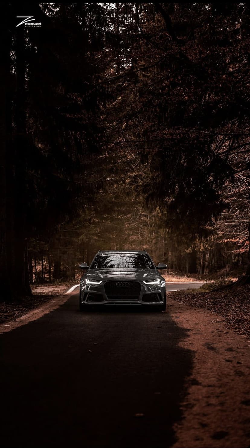 Audi RS6 Avant station wagon driving on a dark forest road at night with glowing LED headlights and misty trees.