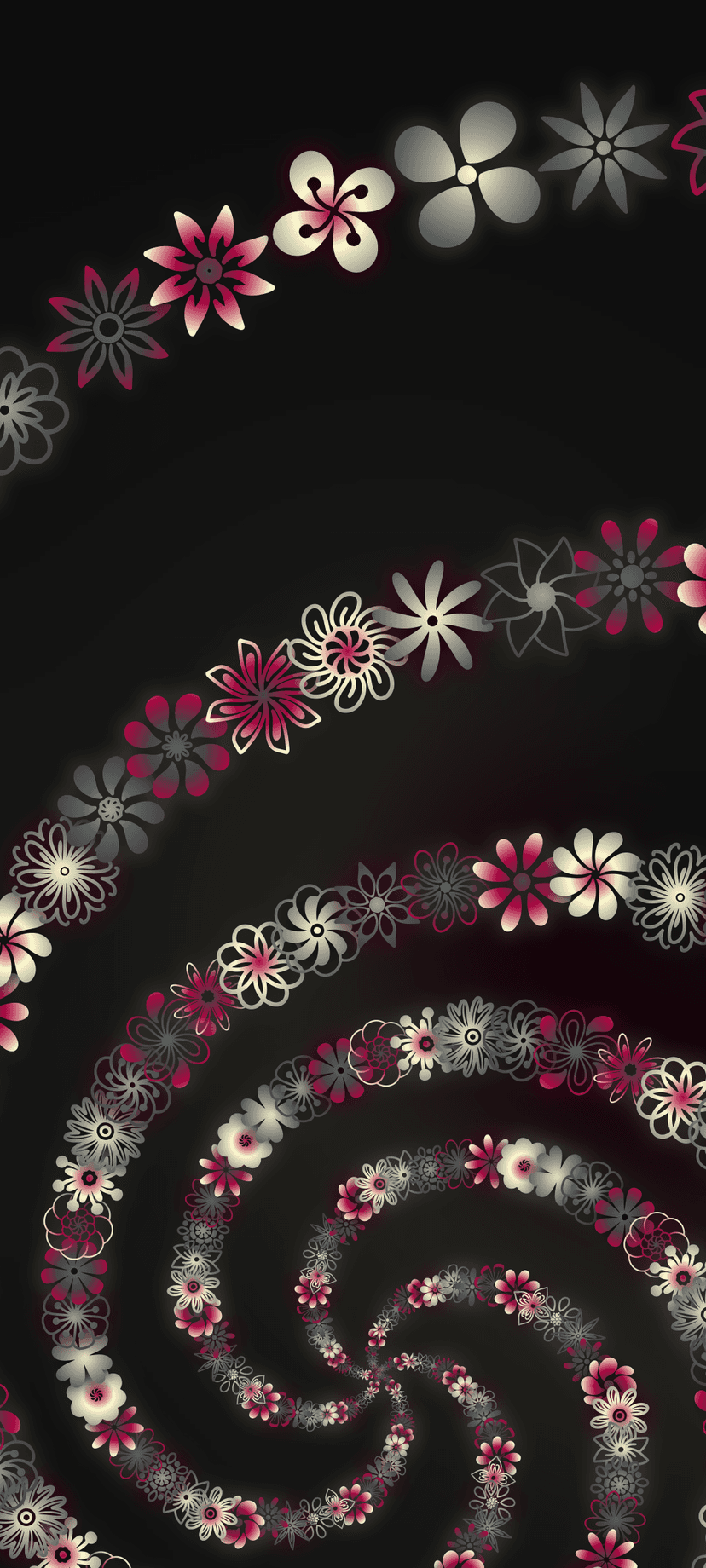 Pink and white stylized flowers curve into a deep spiral pattern against a solid dark black background.